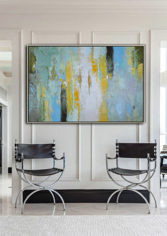 Large Modern Abstract Painting,Oversized Horizontal Contemporary Art,Textured Painting Canvas Art,White,Yellow,Purple Grey,Black,Lake Blue.etc